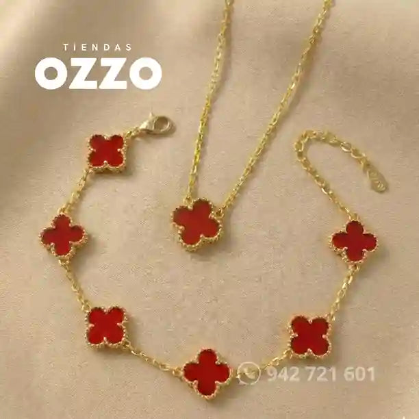 SET RED LUCKY: Collar + Pulsera de Trébol Rojo del Amor y Fortuna Eterna
