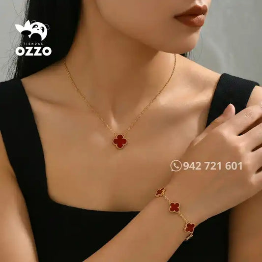 SET RED LUCKY: Collar + Pulsera de Trébol Rojo del Amor y Fortuna Eterna