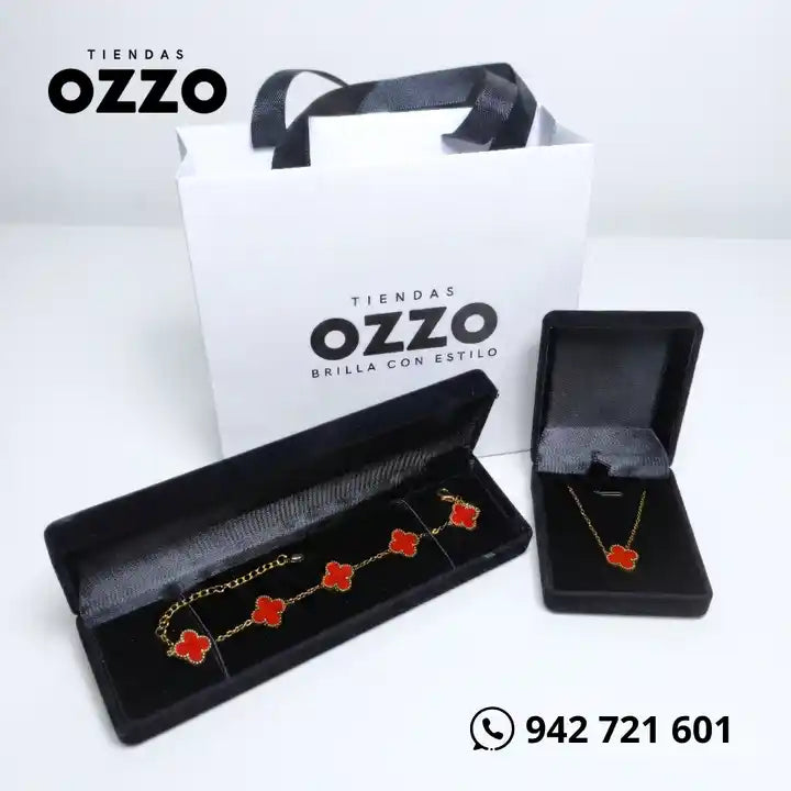 SET RED LUCKY: Collar + Pulsera de Trébol Rojo del Amor y Fortuna Eterna